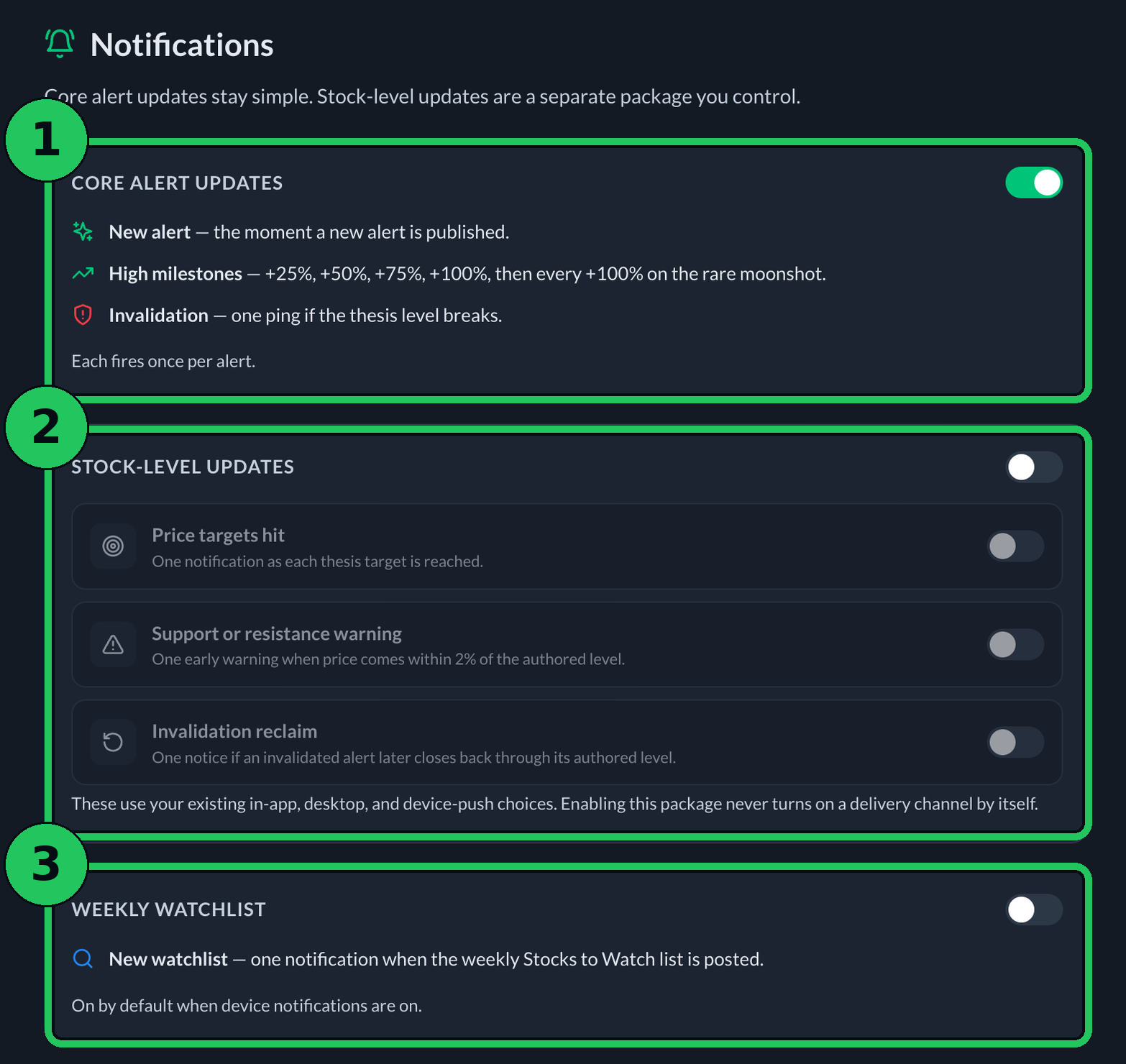 The Notifications page on the website, with the three groups of switches marked