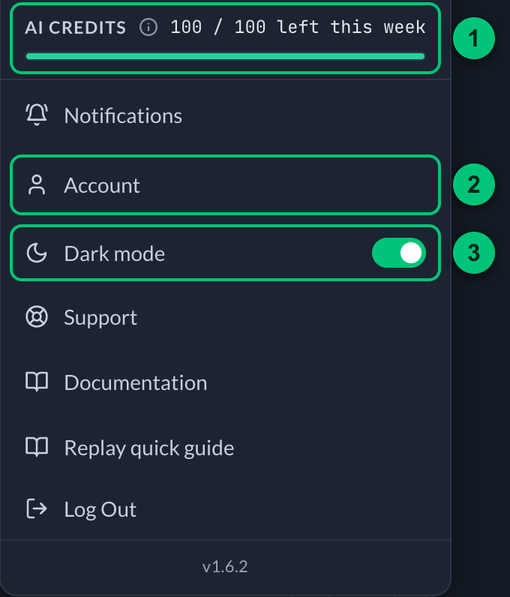The account menu with the AI Credits meter, the Account link and the Dark mode switch
