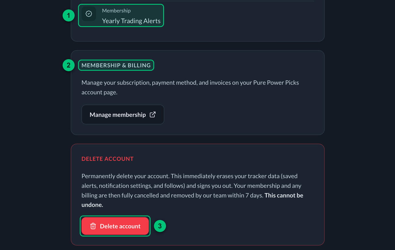 The lower part of the Account page with Membership, Membership and billing, and Delete account