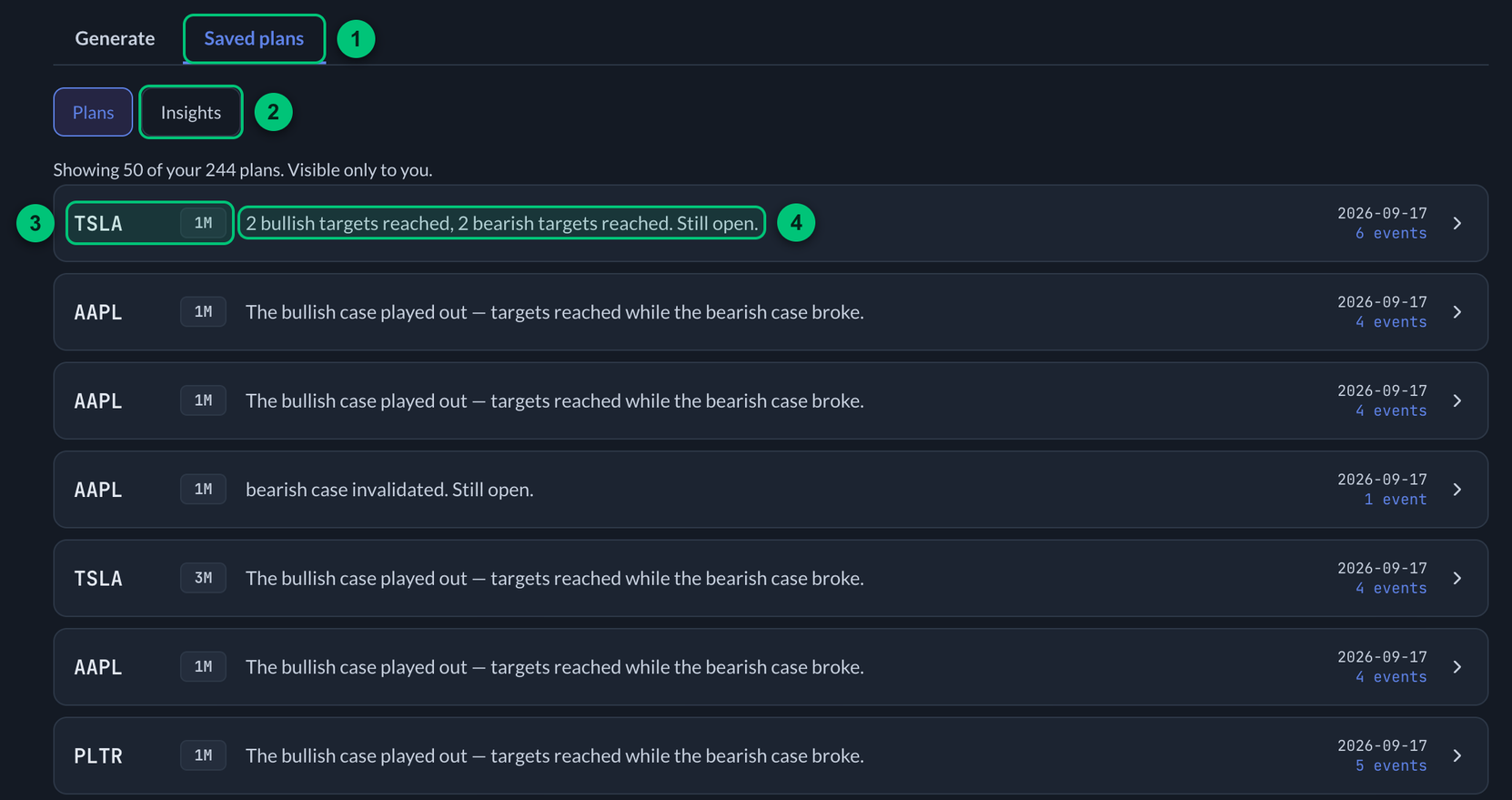 The Saved plans tab with a list of saved plans, newest first