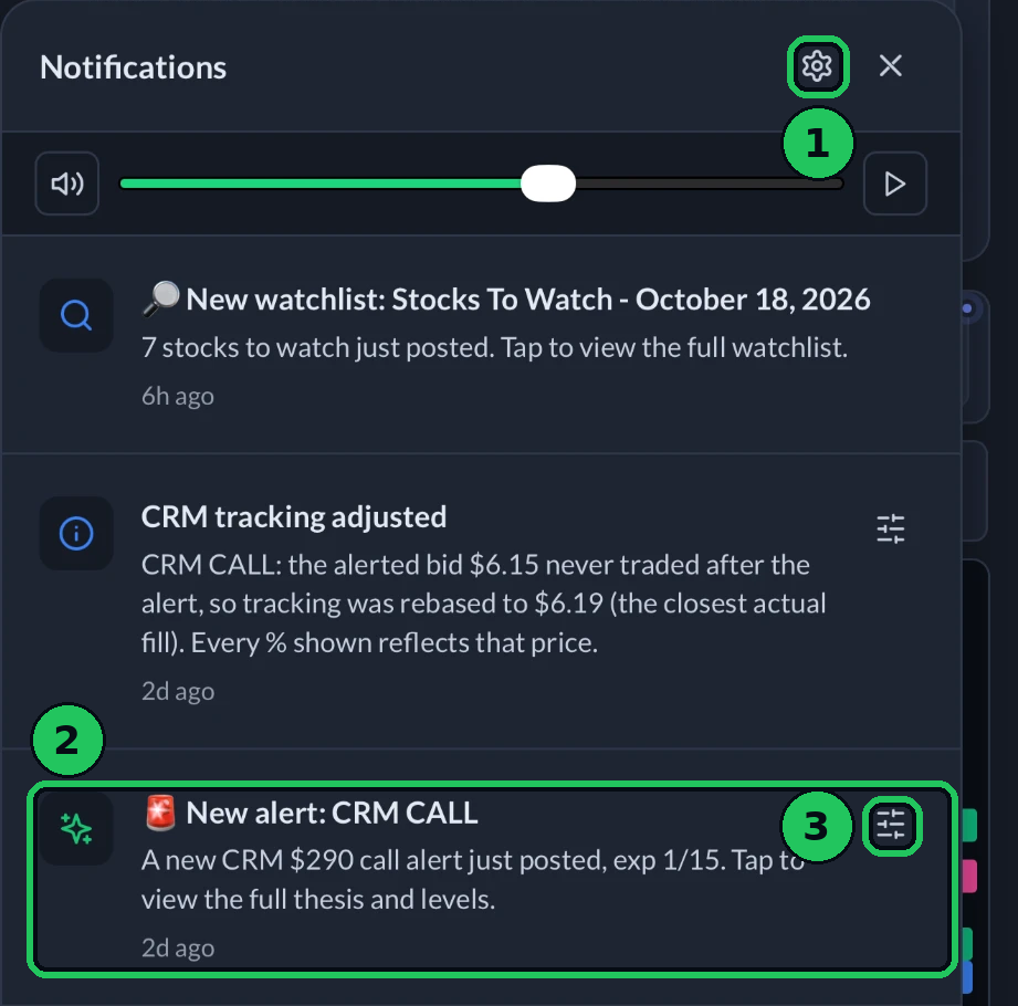 The notifications panel in the app, with settings and one alert notification marked