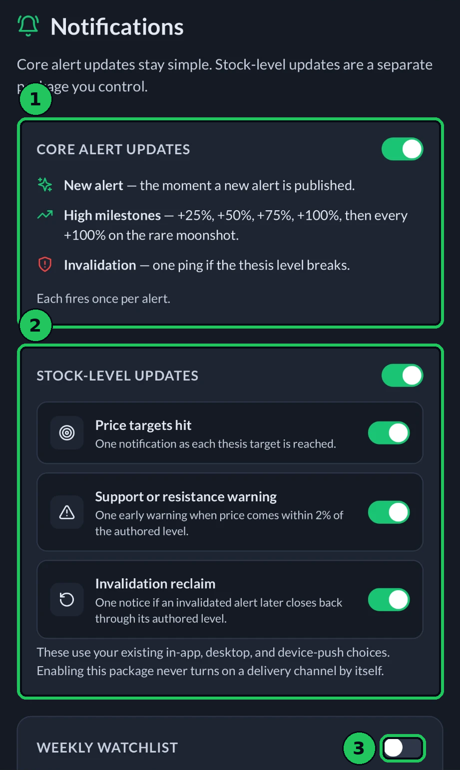 The Notifications page in the app, with the three groups of switches marked
