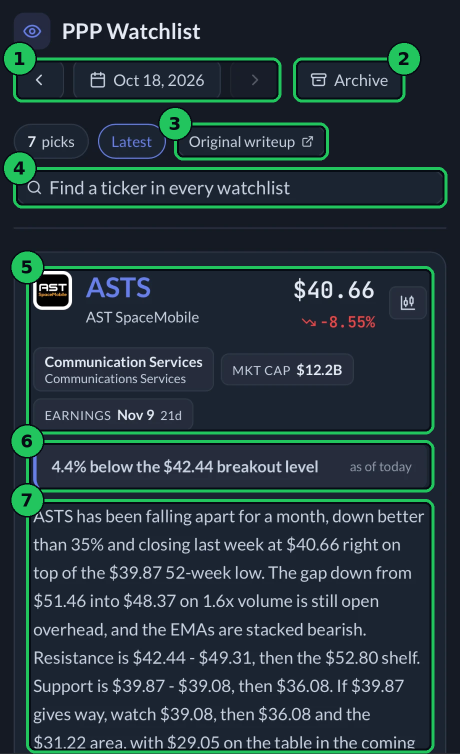 The weekly watchlist in the app, with the week controls, search and one stock marked